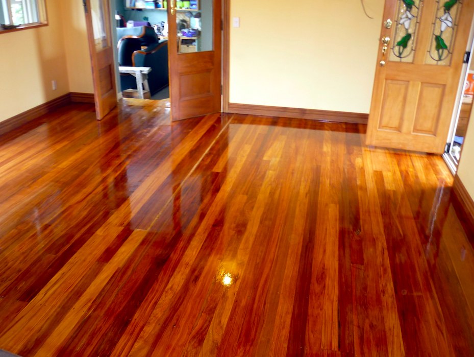 High gloss polyurethane rimu floor reflecting light in an Auckland villa